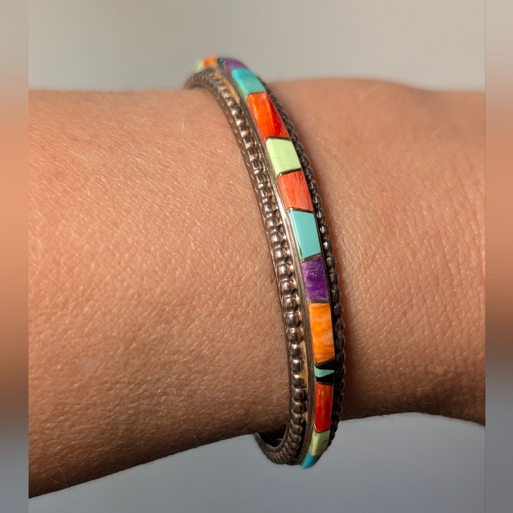 Rare Calvin Begay Valerie Yazzie Navajo Sterling 925 Native American Inlay Cuff
